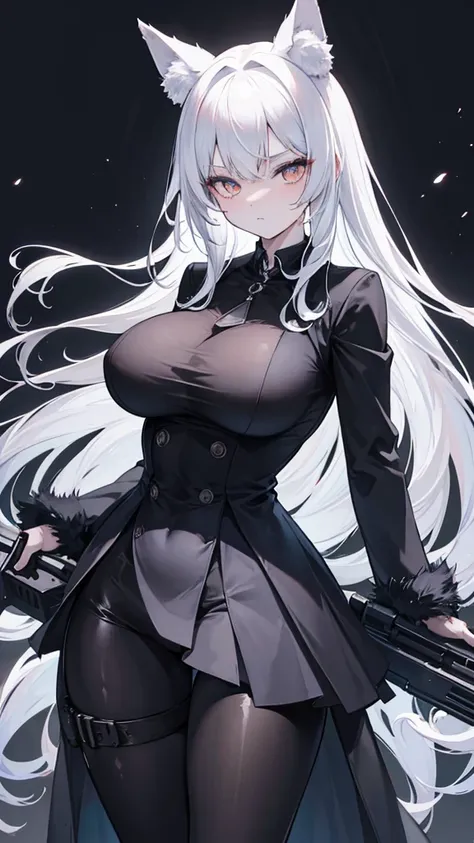 a single wolf girl with a black suit standing in middle of the night with a gun, 1girl, humanoid, anthro girl, furry girl, wolf ears, white hair, black blindfold, night in the city, poker face, no eyes, black suit, voluptuous, beautiful background, 4k, ins...