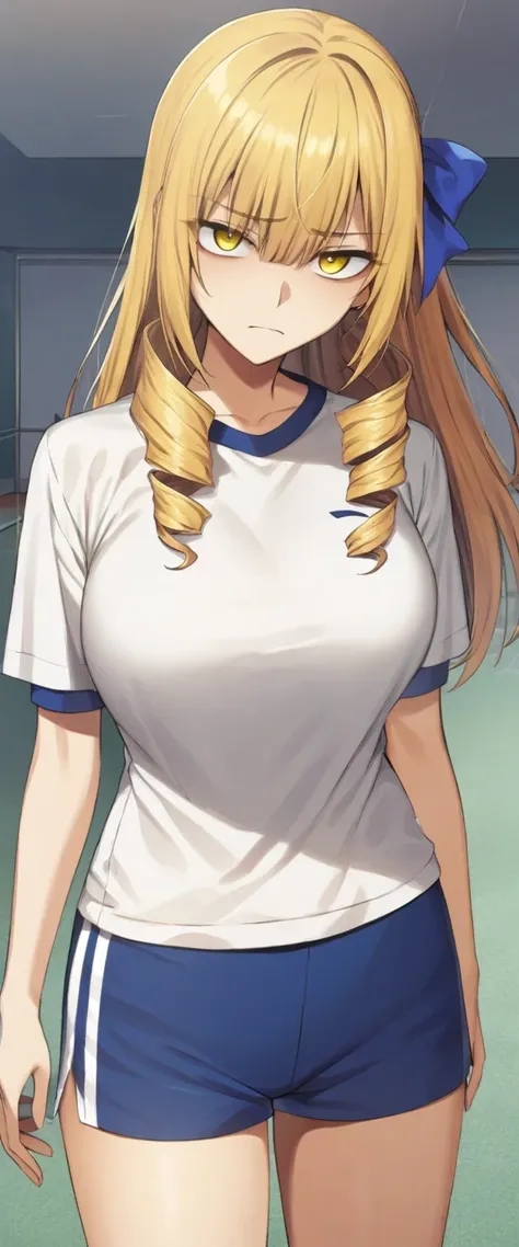 masterpiece, best quality, artist:fukuro_(maruaru00), 1girl, solo, blonde hair, drill hair, long hair, yellow eyes, blue headbows, school sport outfit, white t-shirt, blue shorts, large breasts, (disgust:0.5), infront of viewer