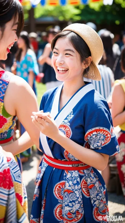 Emily, laughing and chatting with friends at a summer festival, her clear blue eyes and warm smile showing her enjoyment of the moment. She is wearing a traditional yukata with intricate patterns. The background features the warm and inviting atmosphere of...