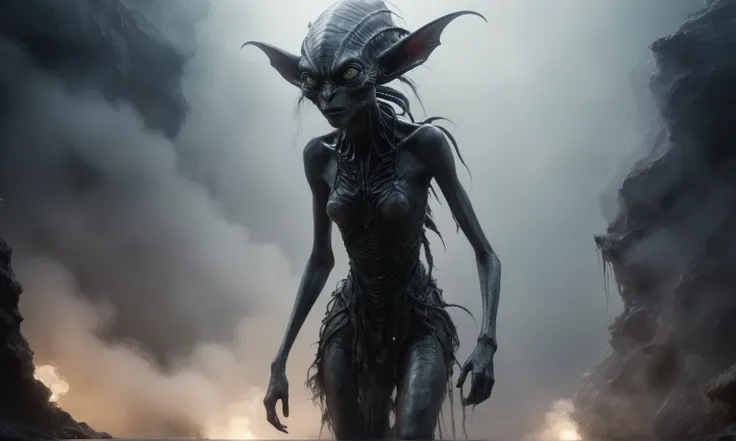 full body length,niobium goblin,native africa xenomorphs slaves,once pretty face,eyebrow up,full body shot,ominous landscape,niobium gray atmosphere,photo,photorealism,Masterpiece,hyper natural skin textures, hyper realism,hyper detailed,High contrast,Real...