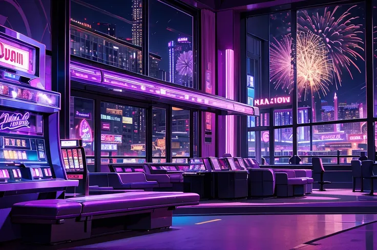 purple casino, night, downtown, hdr, 4k resolution, purple moon, firework, modern architecture, slot machine, indoor