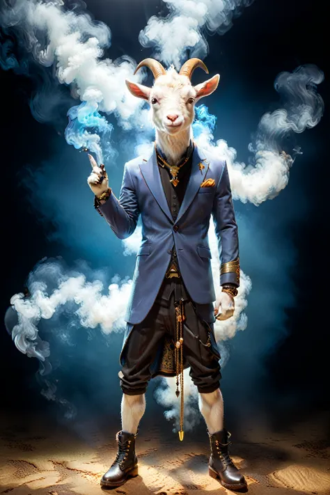 So you can edit it later、An anthropomorphic goat wearing a blue single suit with a space above its head, posing in a unique pose, slim figure、Beautiful standing figure with mysterious smoke on blue background、A mysterious blue light shines through it. The ...