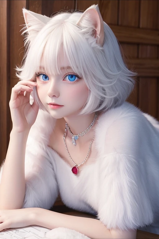 White cat with a ruby necklace　blue eyes　cute　Fluffy fur　Ghibli style