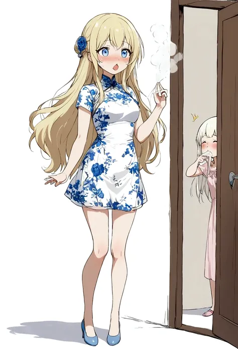 Anime. Baby. Princess. Blonde. Long hair. Blue eyes. Beautiful eyes. Light dress. Shoes. Cold. Runny nose. Snot. Nasal mucus. Sneeze. Sneezing. Sneezes. Snot flows from the nose. Wants to chug. I have to sneeze. Very strong desperate desire to sneeze. She ...