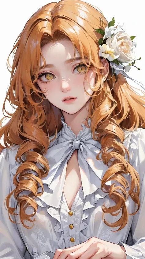 (Top resolution、Distinct_image)top-quality、femele、​masterpiece、highly detailed、Semi-realistic、yellow  eyes、18year old、young、cool clothing、Exquisite facial features、Facial features、unique hairstyle, variations, potrait, white background,   ginger hair , lon...