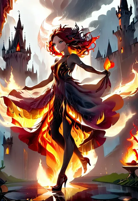 a sorceress of fire making fire dance in a the storm of rain, a most exquisite beautiful sorceress, controlling fire manipulatin...