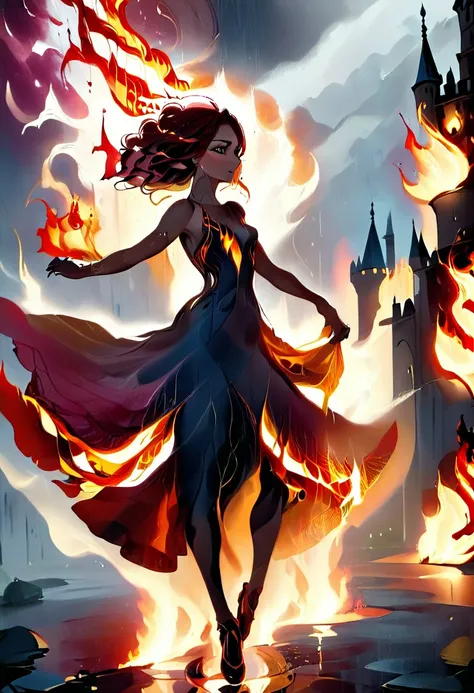 a sorceress of fire making fire dance in a the storm of rain, a most exquisite beautiful sorceress, controlling fire manipulatin...