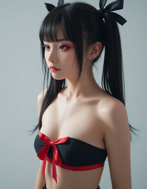 score_9, score_8_up, score_7_up,high quality,1 japanese girl, gothic atmosphere, ribbon ,(NSFW：1.5), breasts ,red and black twintails