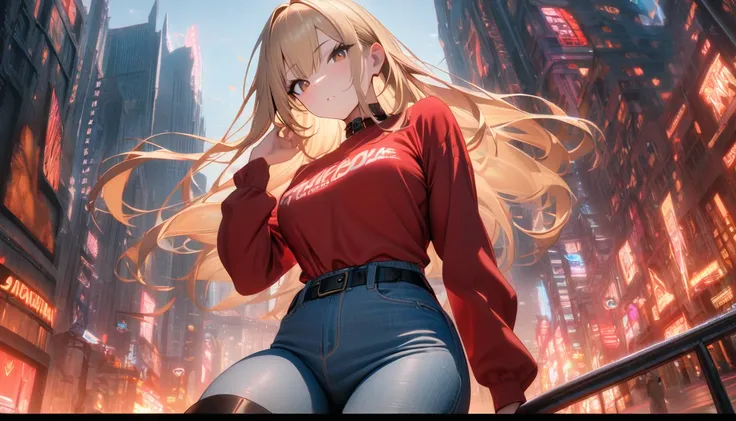 1girl, waist length blond hair, brown eyes, wearing red shirt, light denim jeans with black belt, knee high black boots, city, absurdres, high res, ultrasharp, 8K, masterpiece, looking at viewer