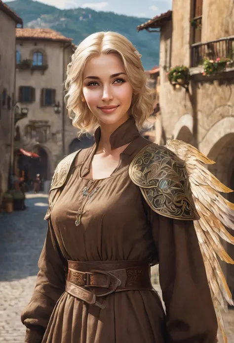 1 female woman, italian face, fantasy, 30 years, she is wearing brown cheap medieval clothes, she has blond bobcut hair, she has grey eyes, she is smiling, town in the background, fantasy, she has one angelic big wing white, flat chest