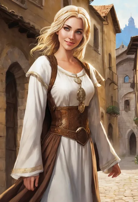 1 female woman, italian face, fantasy, 30 years, she is wearing brown cheap medieval clothes, she has blond bobcut hair, she has grey eyes, she is smiling, town in the background, fantasy, she has one angelic big wing white, flat chest