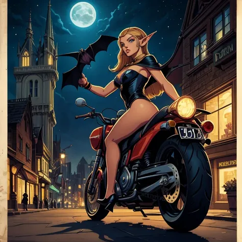 a charming work of pop art by the artist cepriu, with the seductive elf bat-gil on a night street. the illustration has an old c...