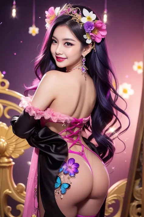 sexy Thai model who controls poison、beautiful smile、lipgloss、bold lipstick、intense makeup、look at the camera、full body Esbian、、sparkling poisoned flower costume、、、、sparkling Colorful hair、secrete poison、skull hair accessories、sexy tights、shiny sparkling fl...