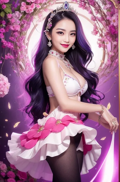 sexy Thai model who controls poison、beautiful smile、lipgloss、bold lipstick、intense makeup、look at the camera、full body Esbian、、sparkling poisoned flower costume、、、、sparkling Colorful hair、secrete poison、skull hair accessories、sexy tights、shiny sparkling fl...