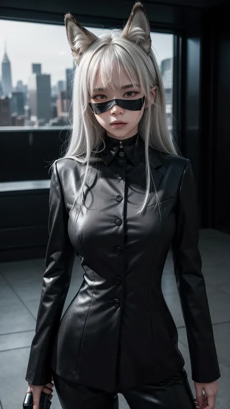 a single wolf girl with a black suit standing in middle of the night with a gun, 1girl, humanoid, anthro girl, furry girl, wolf ears, white hair, no eyes, black blindfold, night in the city, poker face, black suit, voluptuous, beautiful background, 4k, ins...