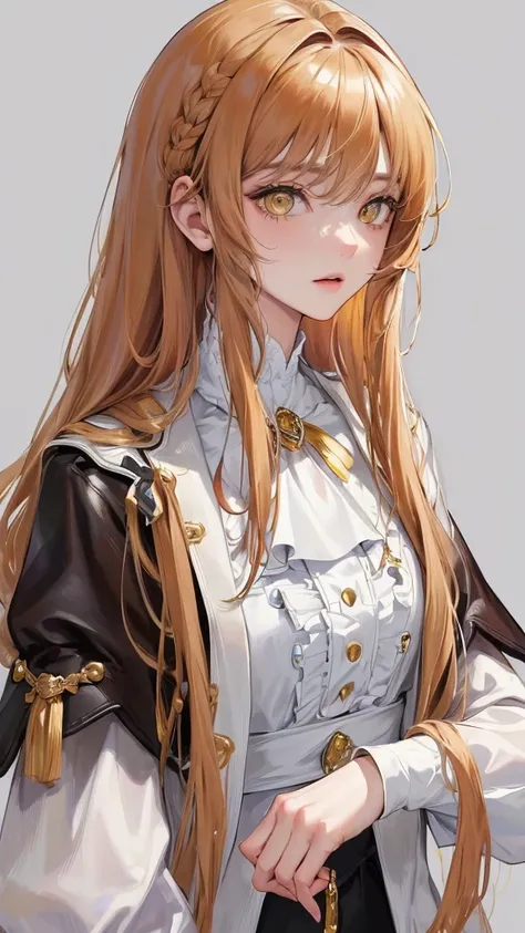 (Top resolution、Distinct_image)top-quality、femele、​masterpiece、highly detailed、Semi-realistic、yellow  eyes、18year old、young、cool clothing、Exquisite facial features、Facial features、unique hairstyle, variations, potrait, white background,   ginger hair , lon...