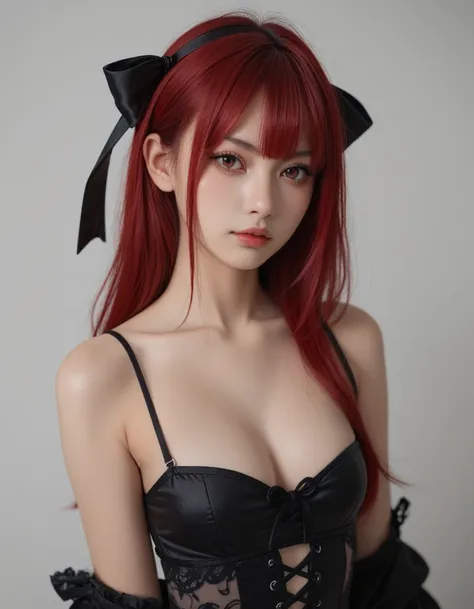 score_9, score_8_up, score_7_up,high quality,1 japanese girl, gothic atmosphere, ribbon ,(nsfw：1.5), breasts ,(red hair：1.5)