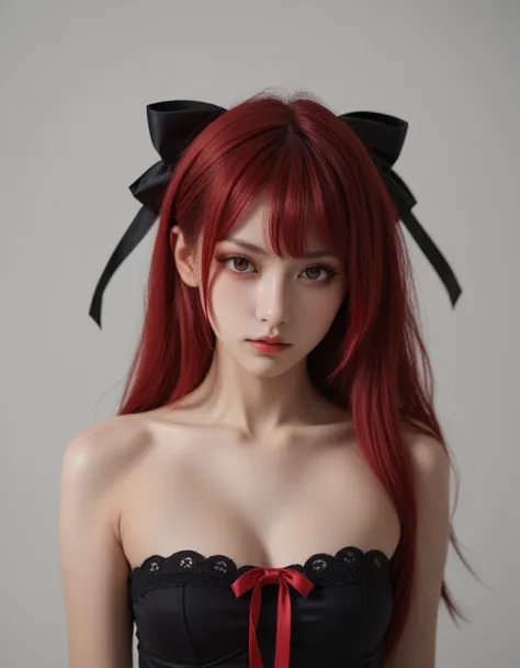 score_9, score_8_up, score_7_up,high quality,1 japanese girl, gothic atmosphere, ribbon ,(nsfw：1.5), breasts ,(red hair：1.5)