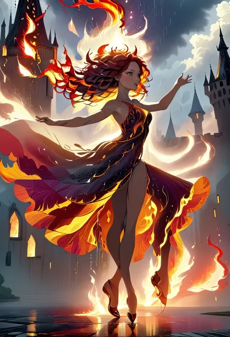 a sorceress of fire making fire dance in a the storm of rain, a most exquisite beautiful sorceress, controlling fire manipulatin...