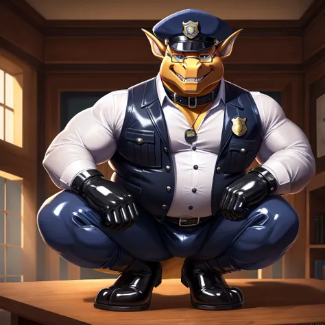 Solo, Male, fat, squatting, extremely obese, gentleman, dapper Dragon, blue eyes, (soft shading), 4k, hi res, ((detailed face, detailed)), looking at viewer, evil grin, police station, collared shirt with buttons, hat, male focus, Police Uniform, glasses, ...