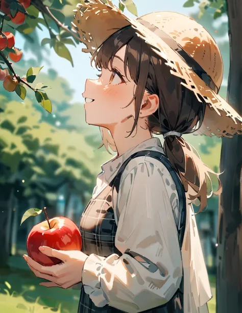 masterpiece, best quality, very aesthetic, absurdres, newest, 1girl, solo, low ponytail, brown eyes, brown hair, straw hat, tartan plaid shirt, long sleeves, little smiling, holding, upper body, outdoors, parted lips, food, day, blurry, from side, tree, fr...