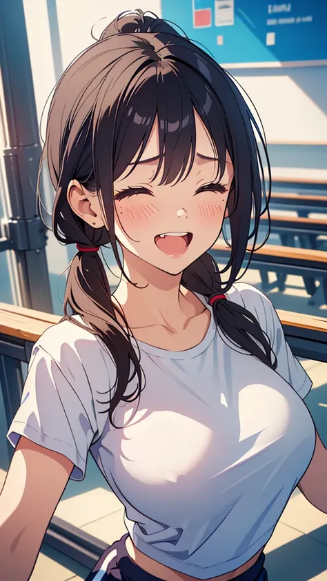 masterpiece,best quality, ultra high res,(beautiful woman:1.2),(beautiful Busty breasts:1),(happy:1.2),(enjoy:1.2), (dark hair:1), short low ponytail, a sexy mole around the mouth, (burst into laughter:1.4), (squinting:1.4),(simple plain uniform:1.1),(gym ...