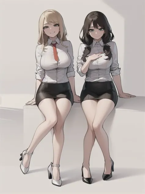 two sexy women in kindergarten teacher outfits sitting and looking down at 4 years old boy with blonde hair, seductive smiles, portrait, various hair