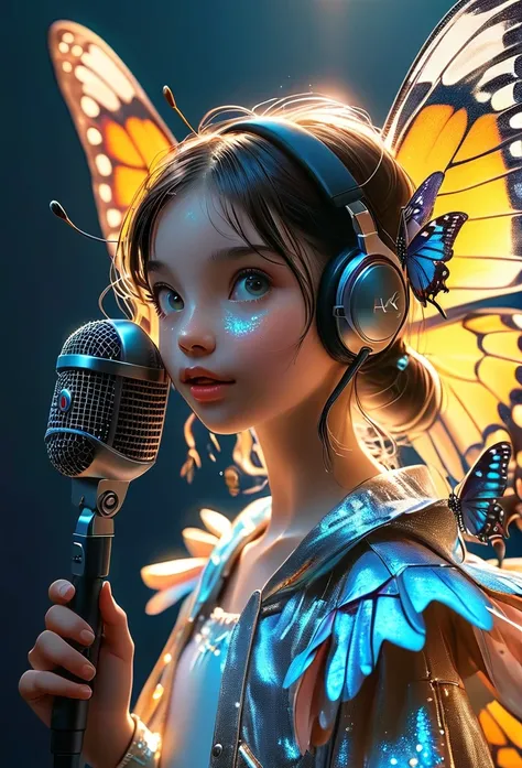 A girl with butterfly wings holding a microphone, (best qualityer, 4K, 8K, high resolution, Masterpiece artwork: 1.2), ultradetailed, realisitic, fotorrealisitic, foto- realisitic: 1,37, 3d, proffesional, bright coloured, studio lighting