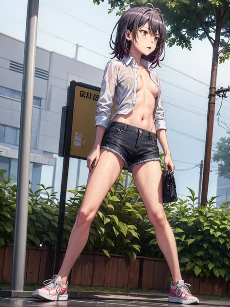 Girl, no pants, Shirt unbuttoned, You can see her breasts, Bus stop in the Rice fields  background, openlegs, Bare chest, small breast, slim body, Sneakers , wet body, Wet hair, rain, Experiences Orgasm, You can see the ass 