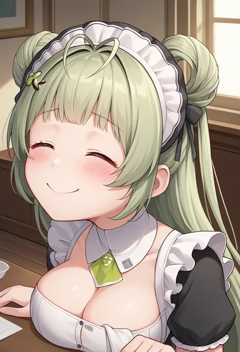 head on table, score_9, score_8_up, score_7_up, source_anime, BREAK 1girl, sdrnd, green hair, long hair, bangs, double bun, antenna hair, blush, , smile, shy, embarrassed, smile, , maid, mansion, room, from bellow, seductive smile, table, happy, very happy...