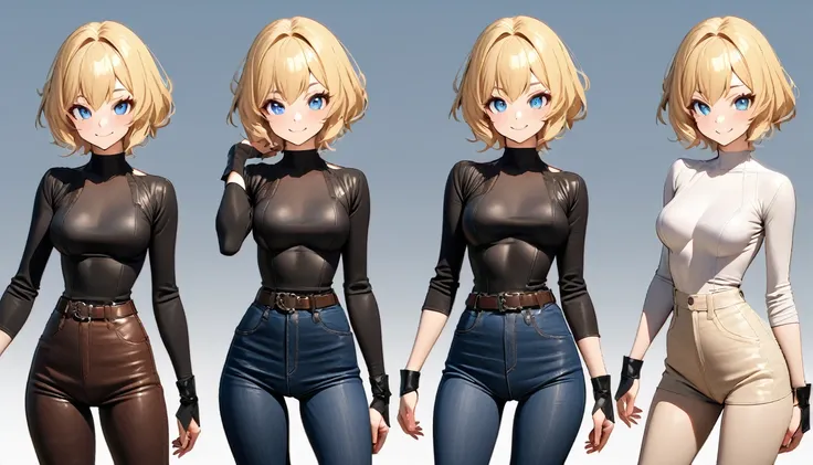 Best Quality,(beauty), 1girl,phisically-based render ,ultra highres,(cowboy shot:1.5),narrow waist, skinny, LeonaMS , big blue eyes,long legs,jeans,leather belt ,puffy eyes, leather belt, shiny skin, facing viewer, blonde hair, nice smile