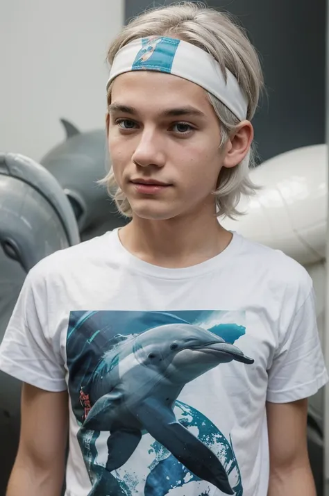 
A white-haired boy wearing a headband wore a t-shirt with a picture of a dolphin