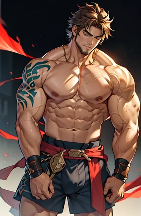 向观众炫耀Thick arms，Close-up of weapons，Show your shoulders，Thick arms，Highest image quality，Men，，1 boy，young and beautiful，exhibit，Brown hair，Short straight hair，Dark Skin，cartoon，cartoon壁纸，Solitary，Male focus，underwear，Chest muscle expansion, best quality)，T...