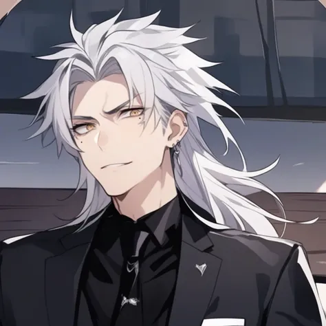 ((masterpiece)), anime image of a man with white hair and wearing a black suit, he has dark grey hair, golden eyes, sharp eyes, ...