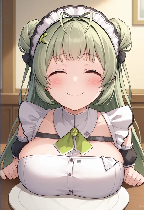 head on table, score_9, score_8_up, score_7_up, source_anime, BREAK 1girl, sdrnd, green hair, long hair, bangs, double bun, antenna hair, blush, , smile, shy, embarrassed, smile, , maid, mansion, room, from bellow, seductive smile, table, happy, very happy...