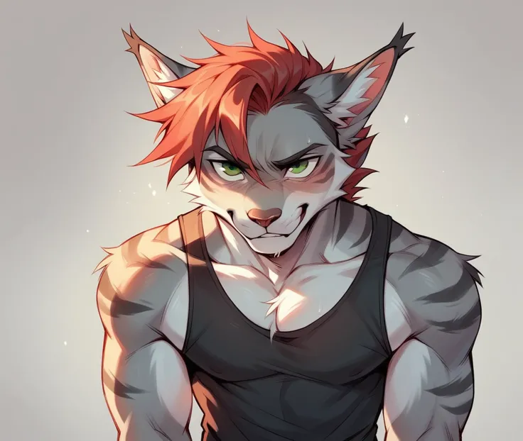 Exaggeratedly muscular and toned gray tabby anthropomorphic cat. Red hair. green eyes. This one undressed. He is exaggeratedly muscular 