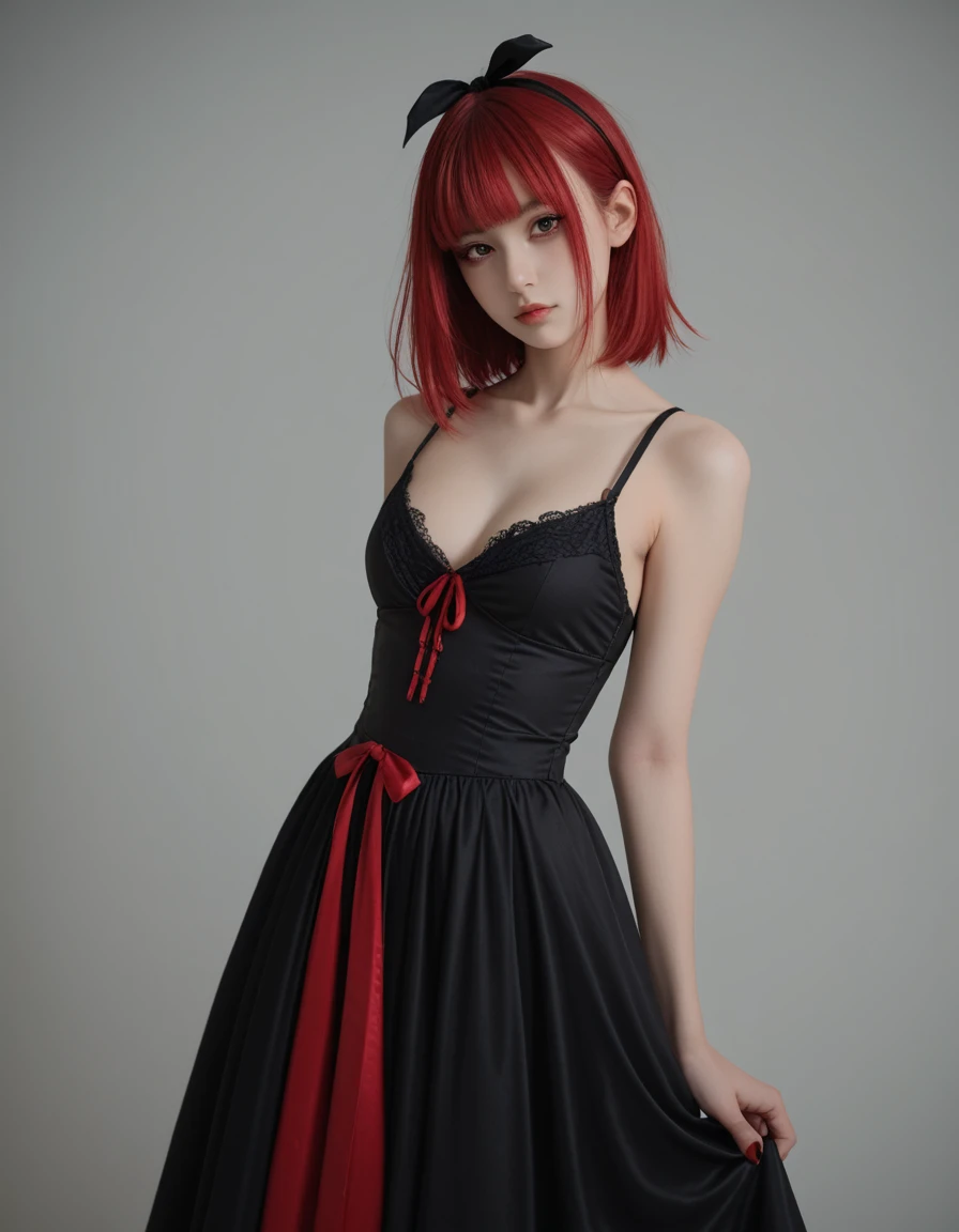 score_9, score_8_up, score_7_up,high quality,1 japanese girl, gothic atmosphere, (dress：1.5),ribbon ,(NSFW：1.5), breasts ,(red hair：1.5), 