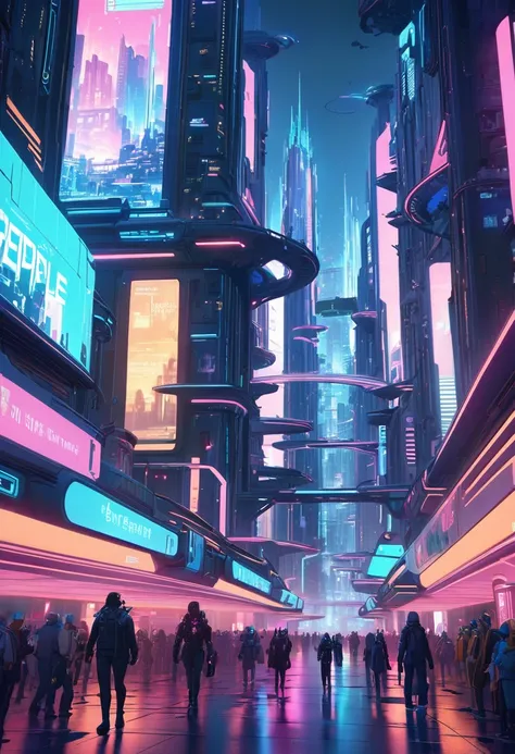 people walking through the city at night with a large clock tower in the background々, in a futuristic cyberpunk city, futuristic...