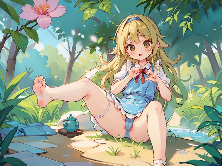 A 12-year-old girl with a cute Alice in Wonderland blonde wavy headband.、Sitting naked、She spreads her legs wide and shows her butt., anus,  and small nipples.。I do not wear underwear。Pose seen from below。are small。Pose that shows your anus。 and anus are s...