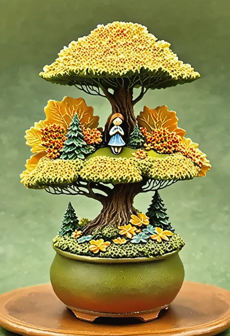 whimsical miniature figure composed of delicately arranged autumn leaves, poised in a carefree dance on the rim of a weathered, ...