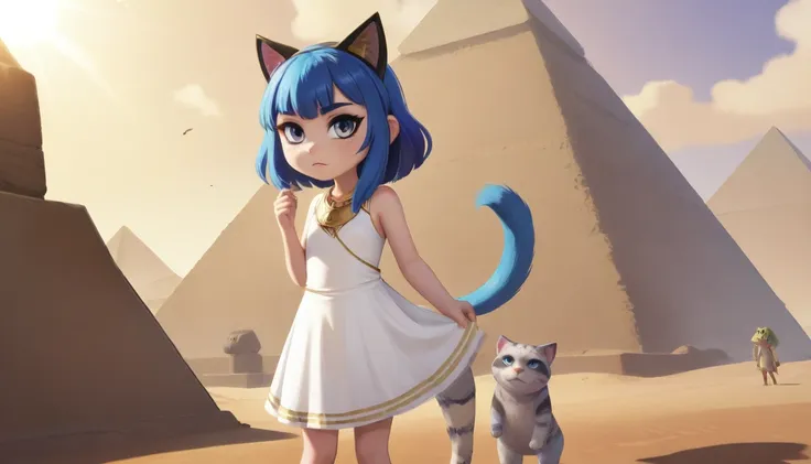 1girl，artist name，egyptian cat，blue hair，skin，keep your mouth shut，wear，whole body，solo，standing，猫tail，keep your mouth shut，wear...