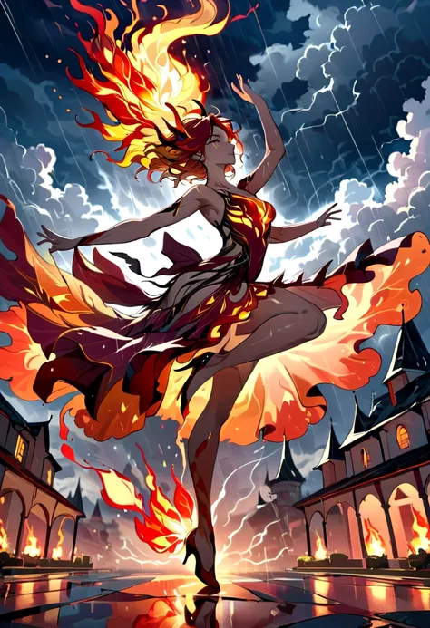 a sorceress of fire making fire dance in a the (storm of rain: 1.3), a most exquisite beautiful sorceress, controlling fire mani...