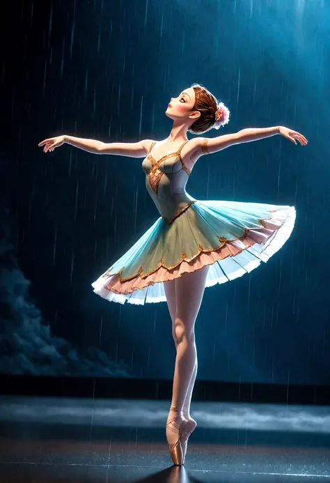 a lifelike puppet performing ballet on a stage with a rainy background, anatomically correct, UHD, high quality, highres, masterpiece, award winning