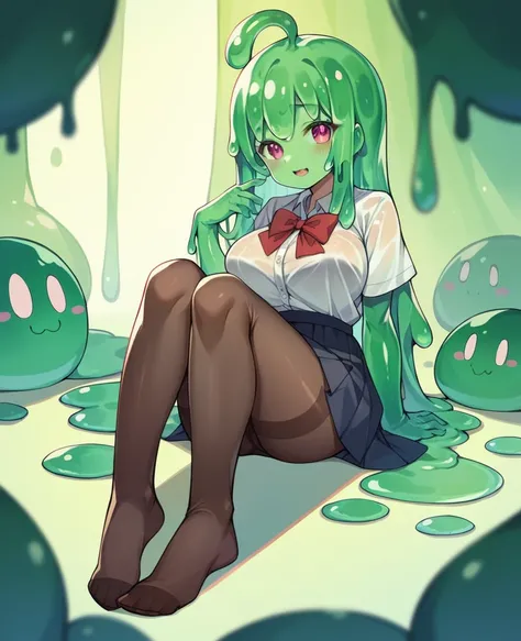 cute,(green slime girl),loli,full body,,large breasts,serefuku,skirt,dripping,see through,pantyhose