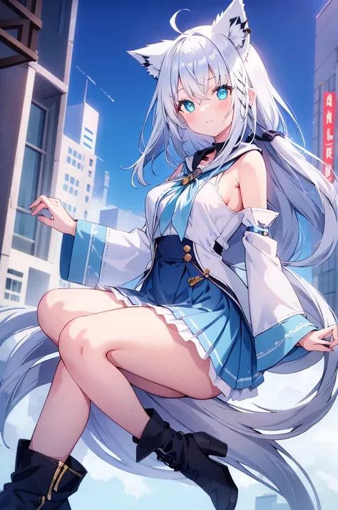 girl in the air,hollow, 10 meters high, cityscape,beautiful cat wolf girl, silver hair, wolf ears, and tail, bright blue eyes, i...