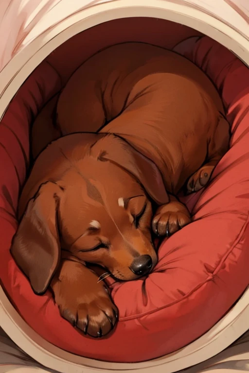 hight quality, uplifting, a dog only, miniature dachshund, brown, a red collar, sleep in a  bed, close eyes, curl up in a circle