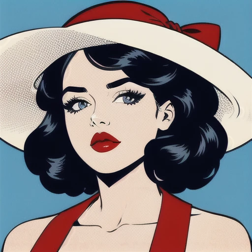 pop art,1girl, solo, head and shoulders, black hair, red lips, looking at viewer, big sunhat, 
