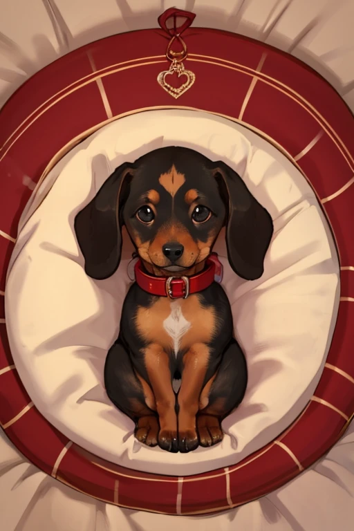 hight quality, uplifting, a dog only, miniature dachshund, black, a red collar, sleep in a  bed, curl up in a circle