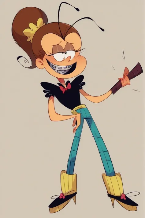 Luan Loud, has light brown hair tied back in a large ponytail with a small swirl at the end. Two strands of hair stick out like antennas from the center of her forehead. Her prominent teeth have silver braces only on the upper teeth.

Clothes: Luans clothe...