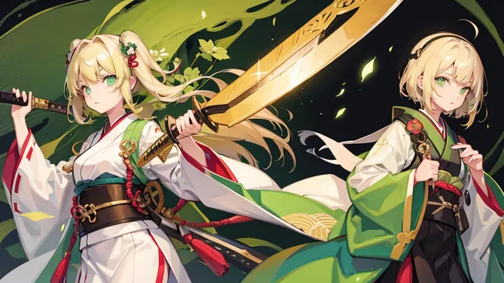 one girl　green eyes　japanese clothing　blonde　young people　holding a sword